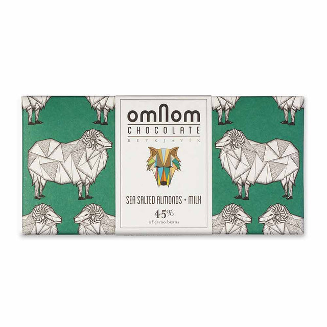 A chocolate bar with a geometric sheep design on green, labeled Candy: OmNom Chocolate Reykjavik Sea Salted Almonds 60g.