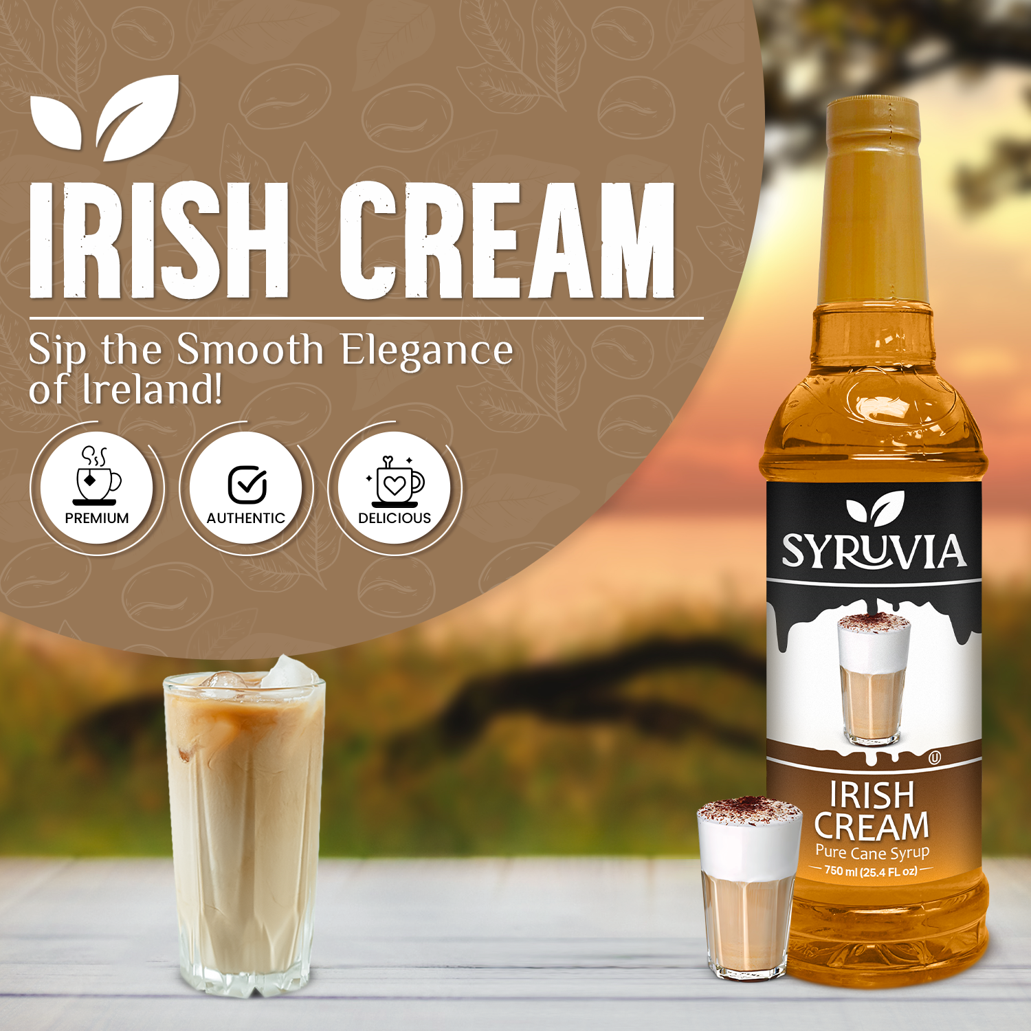 A bottle of Syruvia Irish Cream Coffee Syrup Pure Cane Sugar sits beside two iced drinks, with promo text and icons showcasing its premium quality, authentic taste, gluten-free status, and delicious flavor.