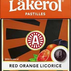 Enjoy a box of Lakerol Pastilles, Candy Red Orange Licorice flavor. This sugar-free .88oz pack features vibrant illustrations of juicy orange slices and licorice pieces, promising a unique taste experience.