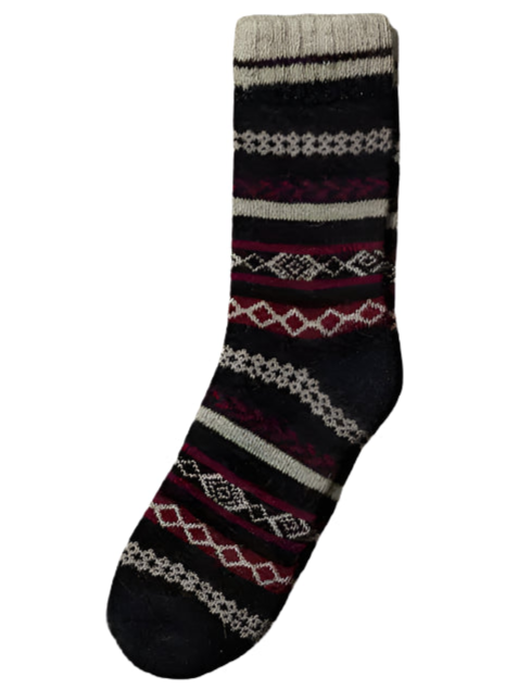 The Nordic Socks - Bjørn is a single Merino Wool sock with a Scandinavian Design, showcasing black, grey, and burgundy geometric patterns with horizontal stripes and diamond shapes.