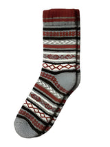 The Nordic Socks - Bjørn showcases a single gray sock with maroon, white, and black geometric patterns and stripes inspired by Scandinavian design, displayed on a plain white background.
