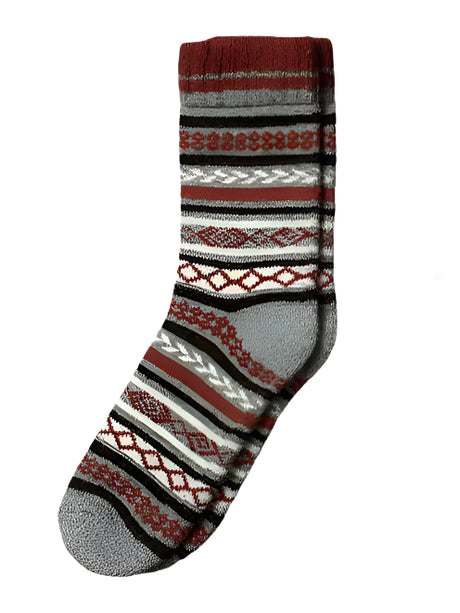 The Nordic Socks - Bjørn showcases a single gray sock with maroon, white, and black geometric patterns and stripes inspired by Scandinavian design, displayed on a plain white background.