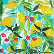 A vibrant design of yellow lemons and red cherries among green leaves on a blue background, reminiscent of the eco-friendly style of Lena Linderholms Swedish Dish Cloth: Lemons and Cherries.