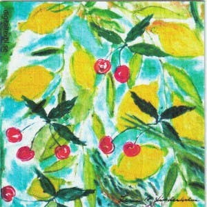 A vibrant design featuring red cherries and yellow lemons with green leaves on a blue and white background, reminiscent of the Dish Cloth - Lemons and Cherries by Lena Linderholm.