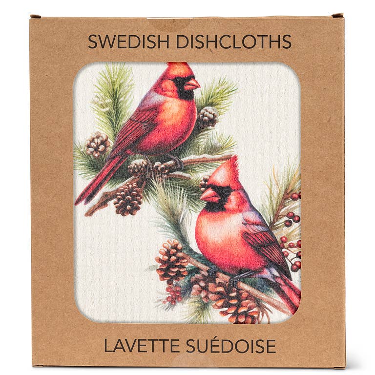 The Swedish Dish Cloth: Cardinals & Pine Cones Dishcloth is a biodegradable cleaning cloth with a charming nature-inspired design, perfect for eco-friendly cleaning.