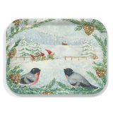 Birchwood tray with a watercolor Nordic winter scene showing skiing gnomes, two birds, pine branches, pinecones, snow, and a red house.