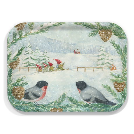 Birchwood tray with a watercolor Nordic winter scene showing skiing gnomes, two birds, pine branches, pinecones, snow, and a red house.