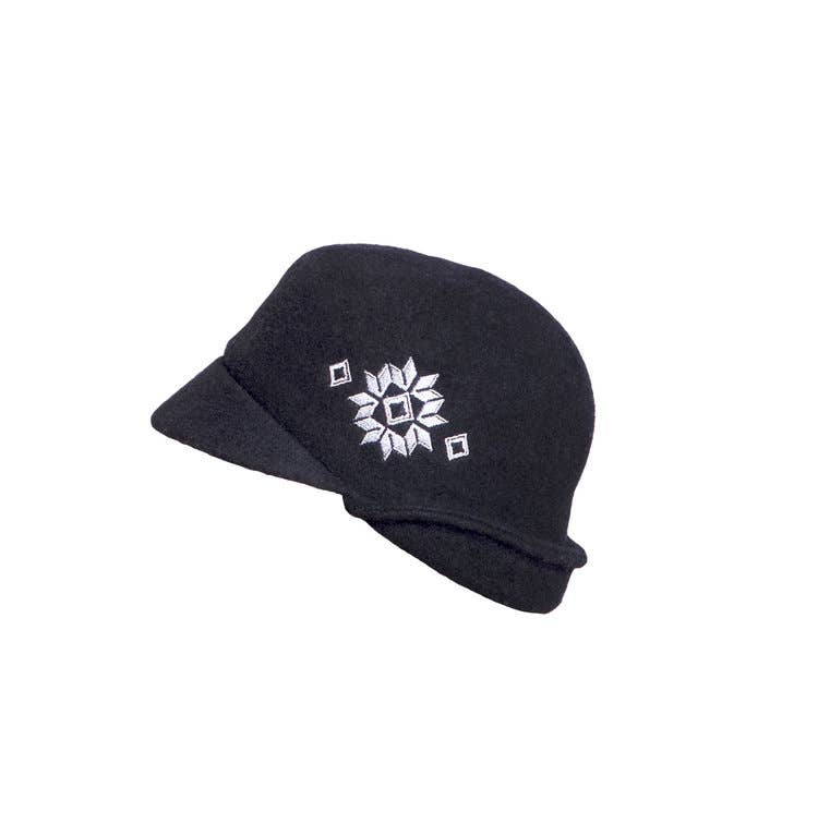 Ladies black felted wool cloche hat with a Nordic snowflake design on the side.