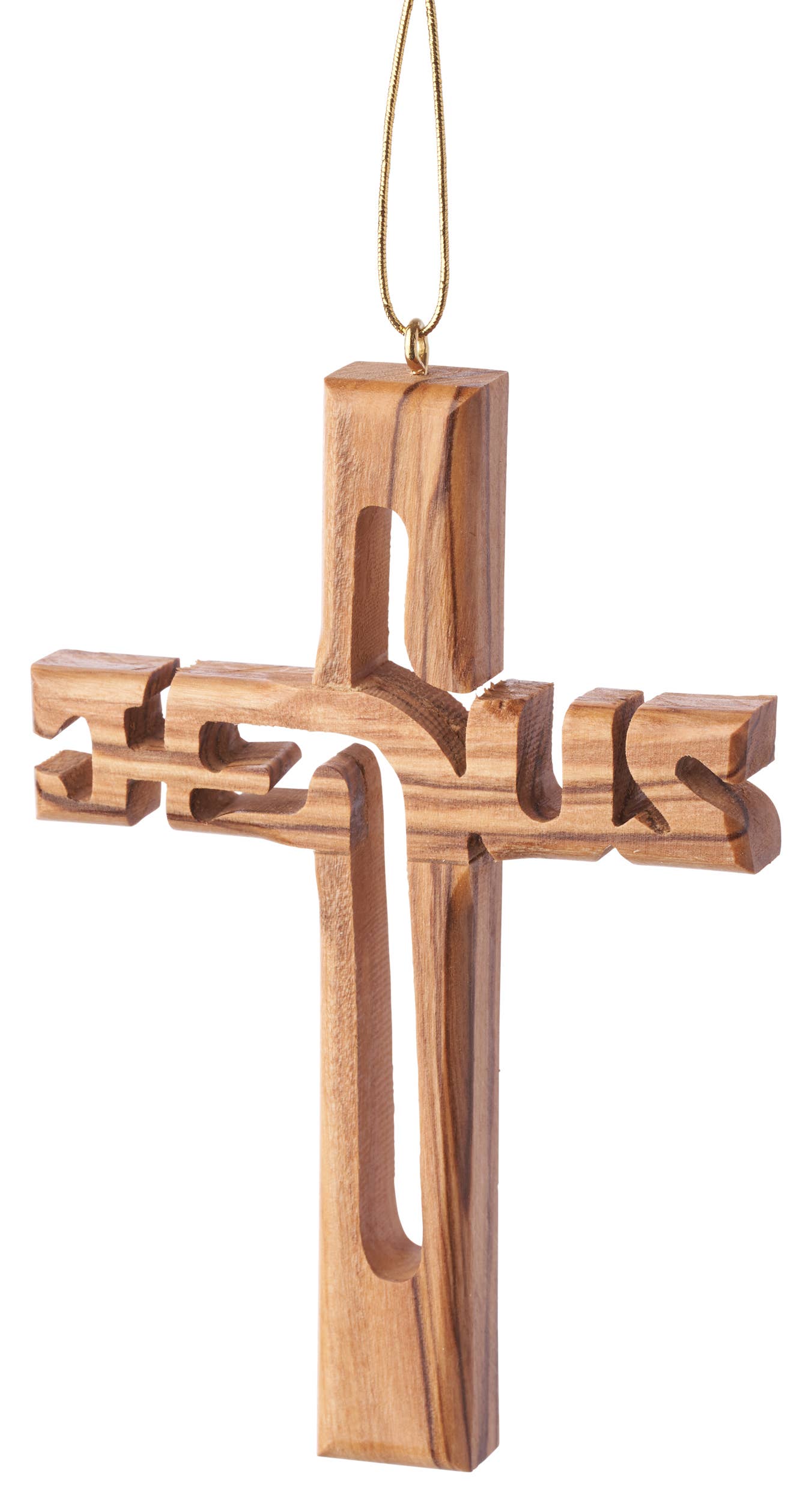 Handcrafted in Bethlehem, this 4-inch "Jesus" Cross ornament is made from olive wood and suspended by a gold string.