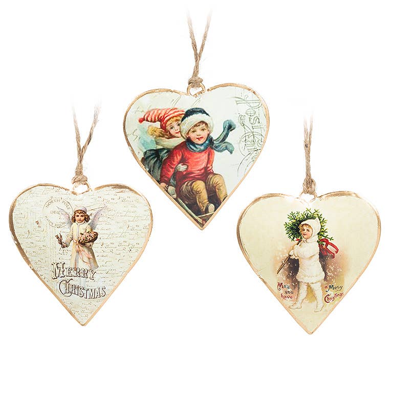 The Kid Heart Ornaments, measuring 3.25 inches, beautifully encapsulate the essence of holiday decor with their vintage-style charm, featuring delightful illustrations of children and festive text.