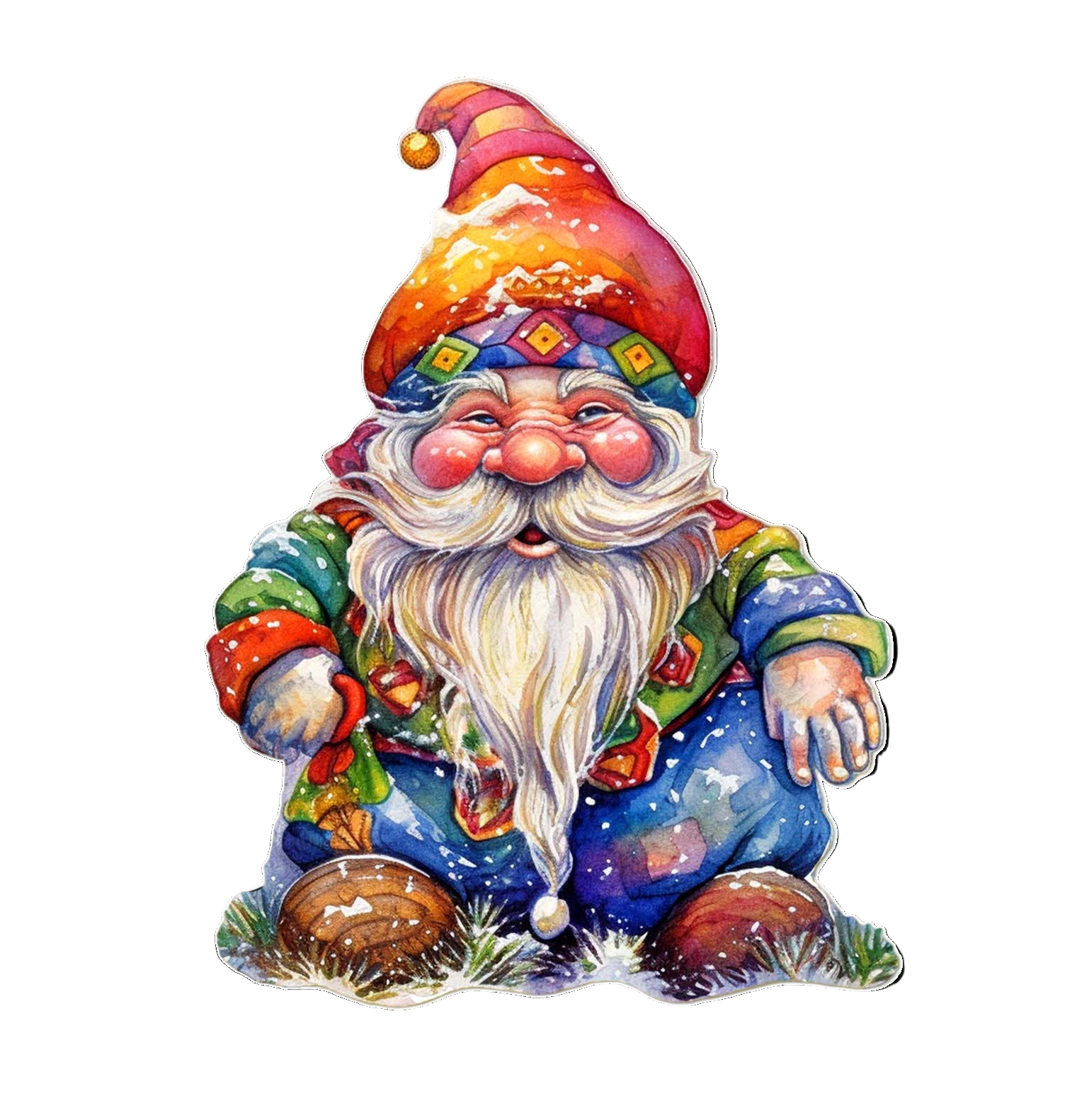 Cheerful gnome with a long white beard, colorful clothes, and red hat sits on grass with two brown mushrooms. Magnet: Jolly Gnome Wooden Refrigerator Magnet—perfect Christmas decoration, made in the USA.