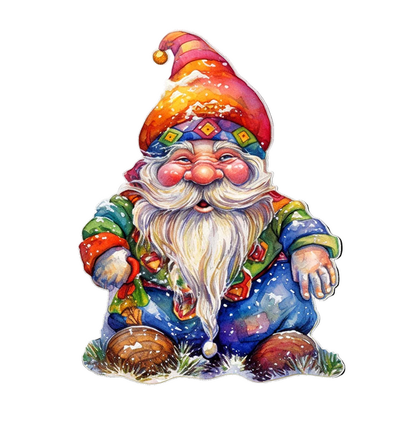 Cheerful gnome with a long white beard, colorful clothes, and red hat sits on grass with two brown mushrooms. Magnet: Jolly Gnome Wooden Refrigerator Magnet—perfect Christmas decoration, made in the USA.