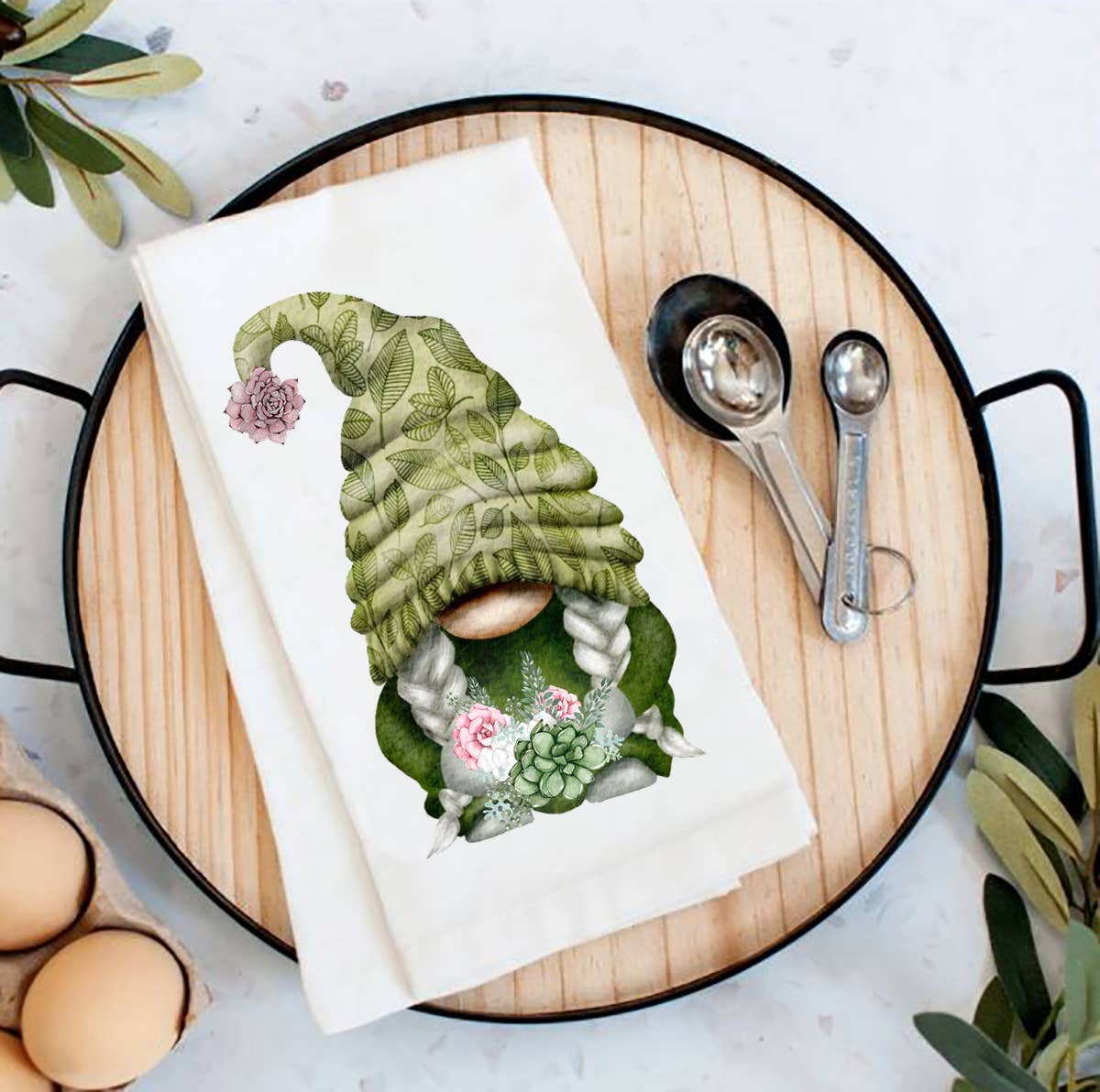 Tea Towel: Succulent Desert Green Gnome Flour Sack Tea Towel