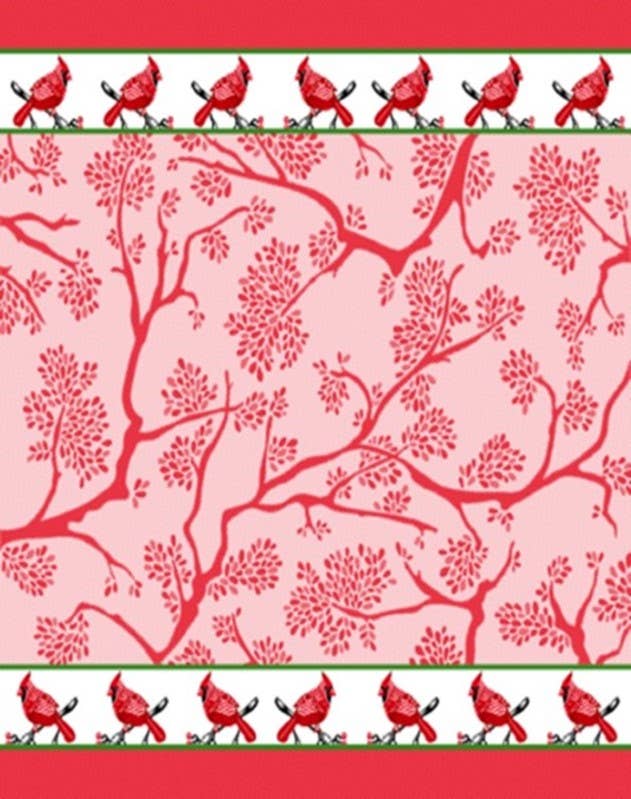 The Woven Red Cardinals Jacquard Tea Towel features red cardinals with pine cones bordering a pink and red floral tree design, adding a touch of nature to your kitchen decor.