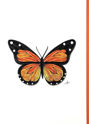 The Monarch Butterfly Quilling Card (5x7 inches) features orange and black wings with white spots, displayed on a plain white background. Blank inside and includes an orange envelope.