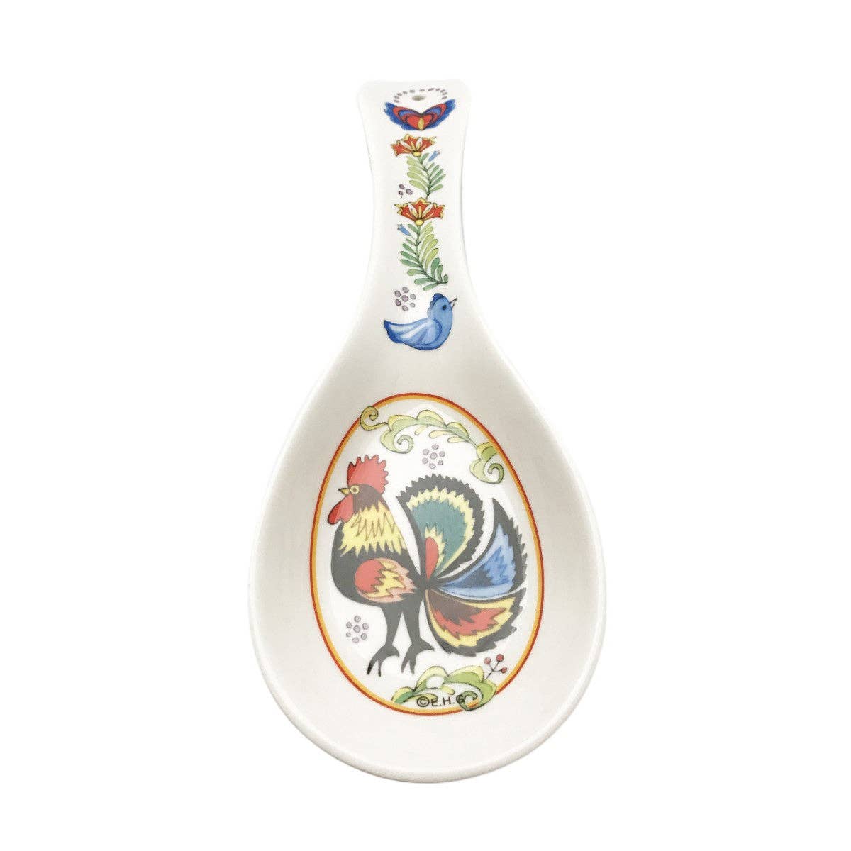 Spoon Rest: Rooster with Swedish Folk-Art Blue Bird and Flowers Ceramic