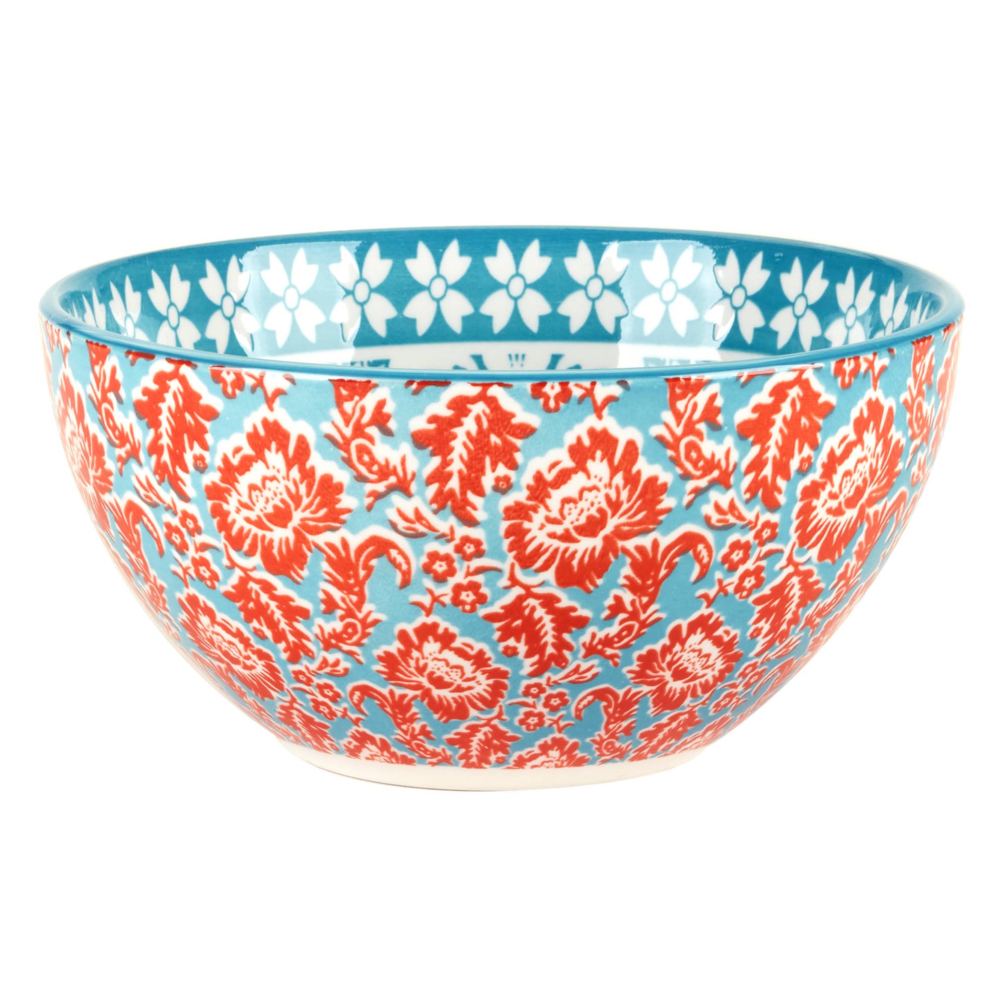 The Bowls: Multi-Color Patterned Porcelain All Purpose Bowl 6.25in 6 features red floral designs on a blue background with white geometric inner rim accents—a striking, versatile addition to any table setting.
