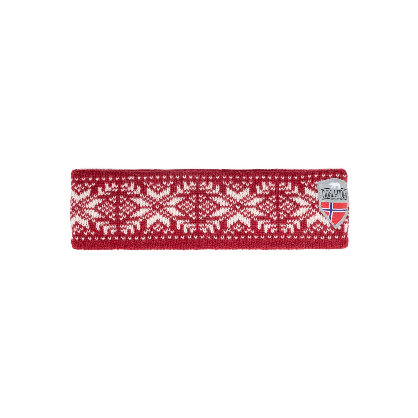 The Snowflake Headband features a red and white Norwegian Selbu star pattern in pure wool, with a "Traditional" patch and Norwegian flag on the right side.