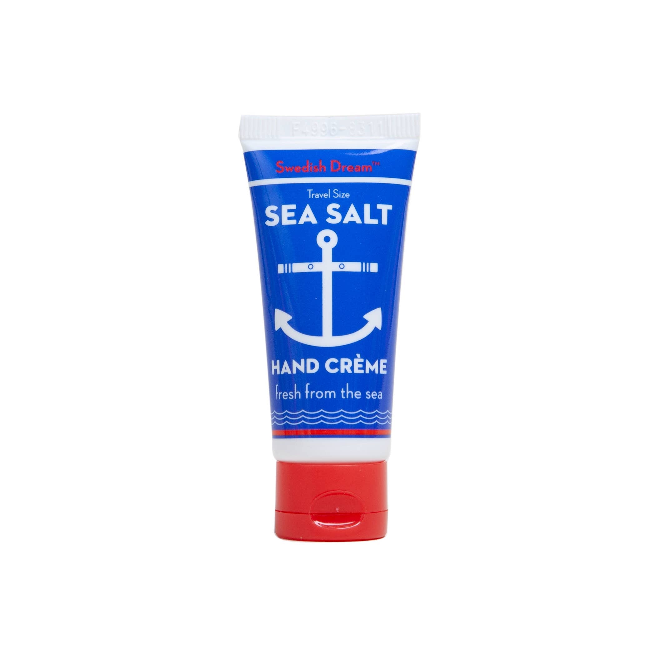 A pocket-sized tube of Sea Salt Hand Cream in blue and red, labeled fresh from the sea.