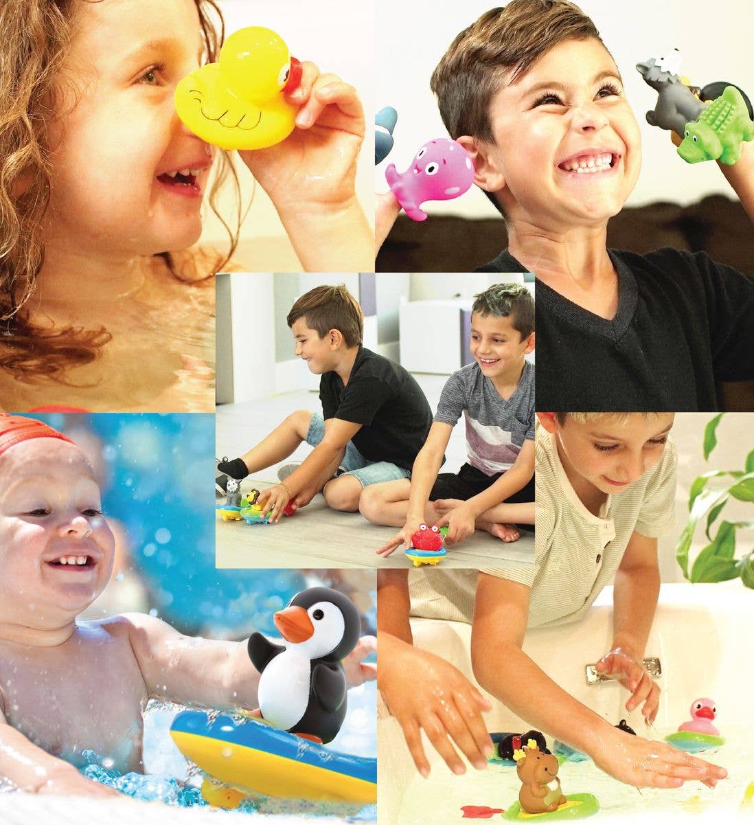 Children smile and laugh as they play with the Bath Toy: Penguin Boat Racers Buddy, a colorful animal-themed toy that’s fun in water or on dry surfaces.