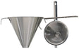 Two Swedish Conical Strainers, made from stainless steel SS 18/10, feature precision-crafted perforated surfaces. One stands upright while the other rests on its side, highlighting intricate mesh details. These tools combine elegance with functionality, designed in Sweden with a 6 3/4 diameter.
