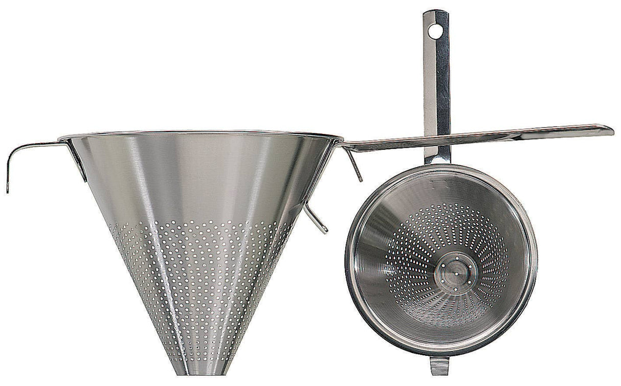 Two Swedish Conical Strainers, made from stainless steel SS 18/10, feature precision-crafted perforated surfaces. One stands upright while the other rests on its side, highlighting intricate mesh details. These tools combine elegance with functionality, designed in Sweden with a 6 3/4 diameter.