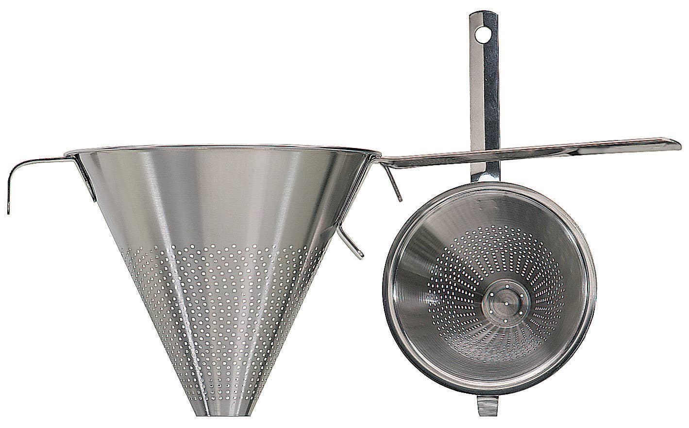 Two Swedish Conical Strainers, made from stainless steel SS 18/10, feature precision-crafted perforated surfaces. One stands upright while the other rests on its side, highlighting intricate mesh details. These tools combine elegance with functionality, designed in Sweden with a 6 3/4 diameter.