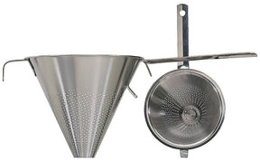Two Swedish Conical Strainers, made from stainless steel SS 18/10, feature precision-crafted perforated surfaces. One stands upright while the other rests on its side, highlighting intricate mesh details. These tools combine elegance with functionality, designed in Sweden with a 6 3/4 diameter.