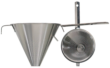 Two Swedish Conical Strainers, made from stainless steel SS 18/10, feature precision-crafted perforated surfaces. One stands upright while the other rests on its side, highlighting intricate mesh details. These tools combine elegance with functionality, designed in Sweden with a 6 3/4 diameter.