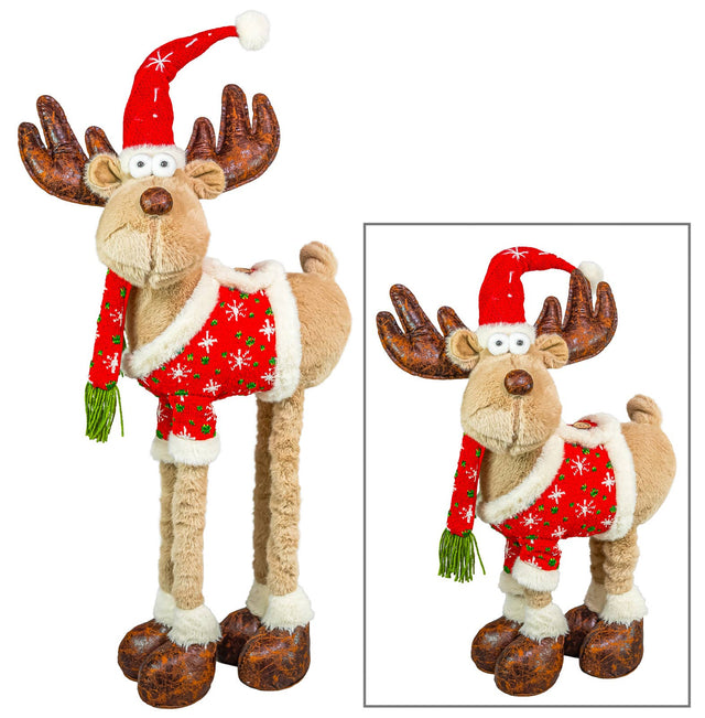 Plush moose in two poses, dressed in a red sweater, Santa hat, and green scarf. Scandinavian design elements are visible.