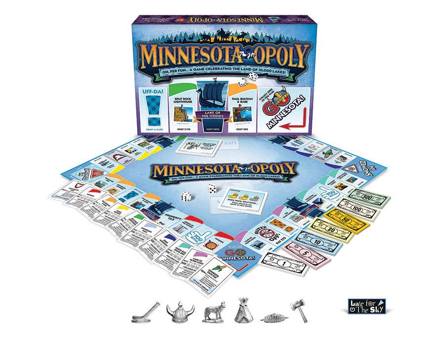 The Game: Minnesota-Opoly (state) Board Game set includes a box, board, cards, money, dice, and player tokens showcasing Minnesota-themed properties such as the Mall of America and various attractions throughout the Land of 10,000 Lakes.