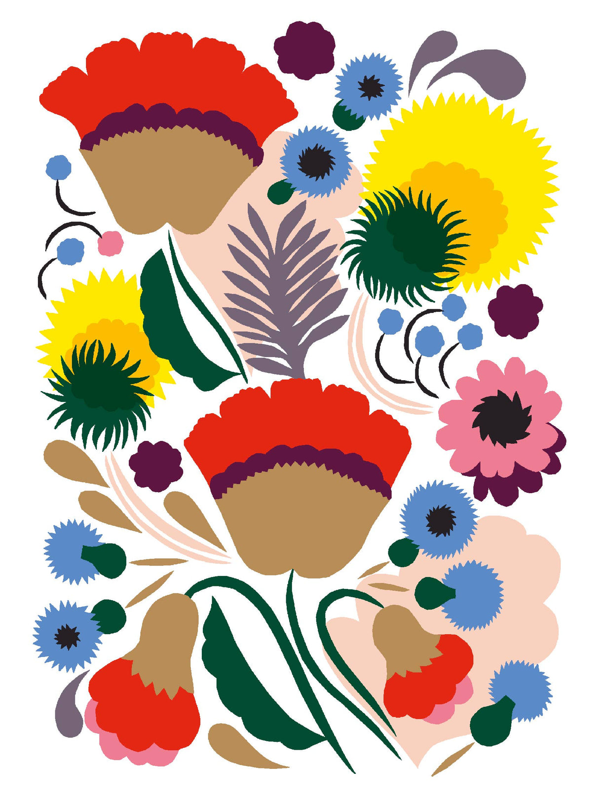 Colorful floral illustration with red, yellow, pink, and blue flowers and green leaves on a light background, featured on the Cards: Marimekko Kukka Notecards 5x7 16 Cards & Envelopes set—perfect for bright and stylish correspondence.