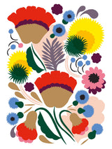 Colorful floral illustration with red, yellow, pink, and blue flowers and green leaves on a light background, featured on the Cards: Marimekko Kukka Notecards 5x7 16 Cards & Envelopes set—perfect for bright and stylish correspondence.