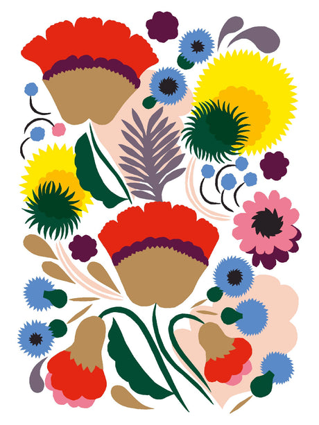 Colorful floral illustration with red, yellow, pink, and blue flowers and green leaves on a light background, featured on the Cards: Marimekko Kukka Notecards 5x7 16 Cards & Envelopes set—perfect for bright and stylish correspondence.