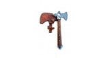 Tomahawk axe featuring a patterned Damascus steel head, wooden handle, and brown leather sheath, shown on a white background.