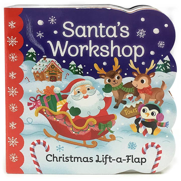 The "Book: Santa's Workshop Children's Board Book Lift a Flap" features a festive cover with Santa in his sleigh, gifts, two reindeer, a penguin, and a snowy scene—perfect for little ones who enjoy holiday stories and interactive reading.