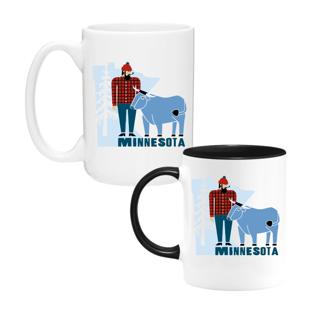 Set of two 11 oz Paul & Babe Minnesota Coffee Mug ceramic mugs by Cindy Lindgren Designs; one with black rim/handle, one all white. Features Paul Bunyan, Babe, and Minnesota text.