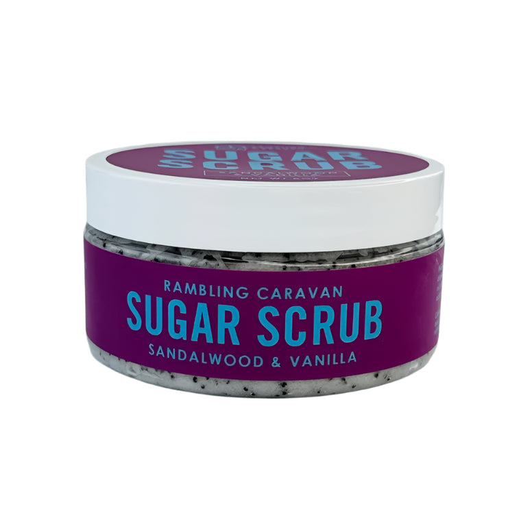 Bath Scrubs: Sugar Scrubs - Sandalwood & Vanilla gently exfoliate for radiant skin, featuring a sandalwood and vanilla scent.