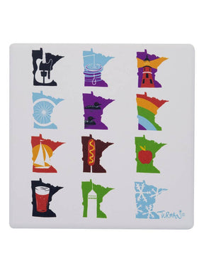 The Minnesota Months Coaster by Adam Turman features twelve colorful state outlines, each with a unique icon like a guitar, cherry, lighthouse, or bicycle. Add this vibrant ceramic coaster to any space!.