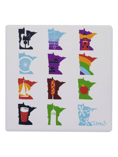 The Minnesota Months Coaster by Adam Turman features twelve colorful state outlines, each with a unique icon like a guitar, cherry, lighthouse, or bicycle. Add this vibrant ceramic coaster to any space!.