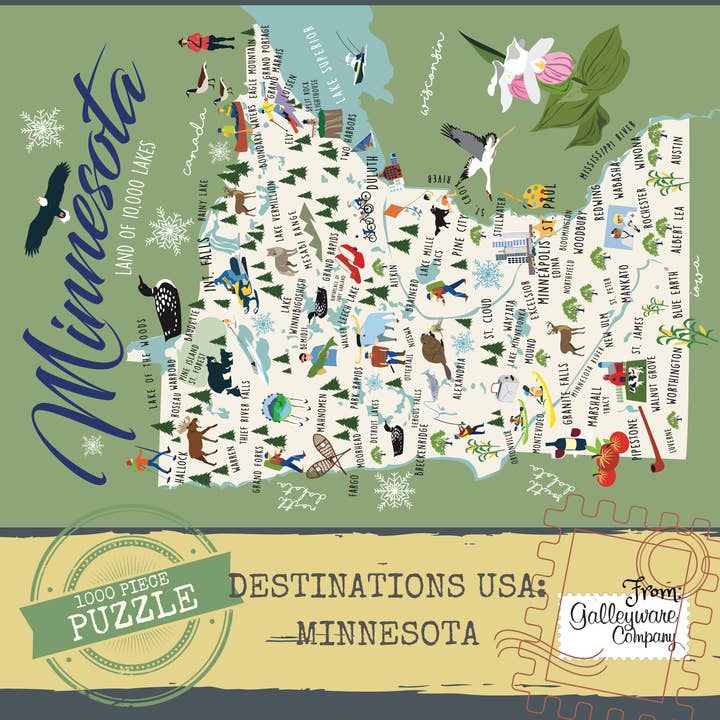 The Puzzle: Minnesota Jigsaw (1,000 Pieces) by Galleyware Company features an illustrated map of Minnesota, highlighting its landmarks, wildlife, and symbols. The puzzle includes text reading "Minnesota Land of 10,000 Lakes" and showcases interlocking pieces for a seamless experience.