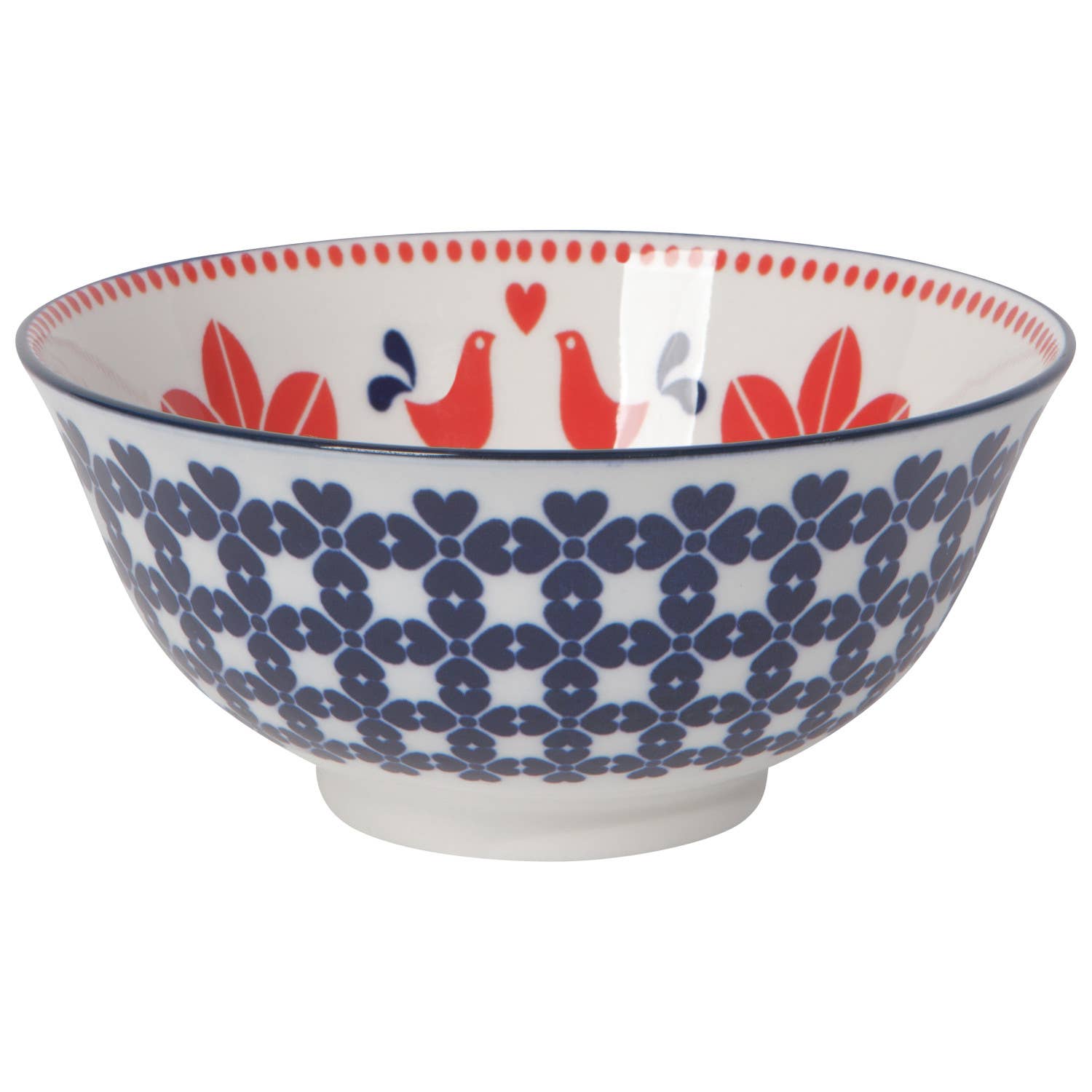 The Navy Bird Stamped Bowl, measuring 6 inches, showcases navy floral patterns and delightful red bird motifs on the interior, capturing a cottage chic aesthetic in its white porcelain design.