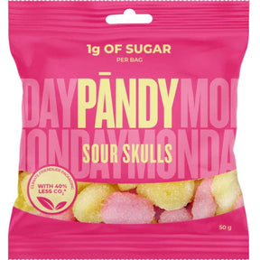 A vibrant pink and yellow pouch labeled "Pändy Sour Skulls Swedish Gummy Candy 50G - 1.76oz" from Swedish Sweets Wholesale LLC contains fun, skull-shaped sour gummies. With only 1g of sugar per bag, this Swedish candy is packaged in a climate-friendly material that produces 40% less CO2.