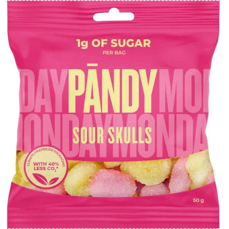 A vibrant pink and yellow pouch labeled "Pändy Sour Skulls Swedish Gummy Candy 50G - 1.76oz" from Swedish Sweets Wholesale LLC contains fun, skull-shaped sour gummies. With only 1g of sugar per bag, this Swedish candy is packaged in a climate-friendly material that produces 40% less CO2.