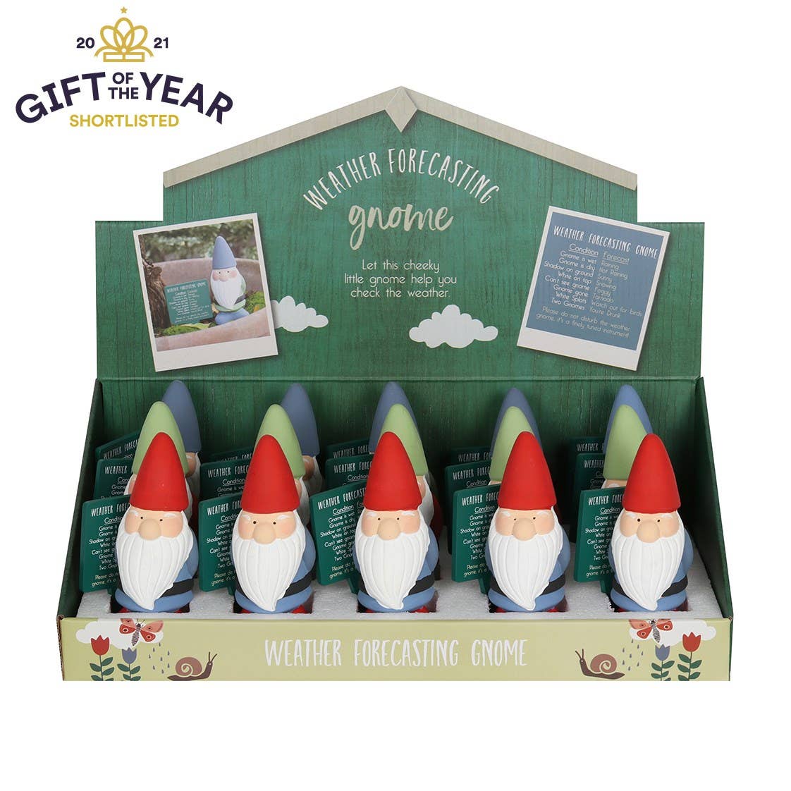 This charming display features terracotta weather forecasting gnomes, each with a red hat and white beard. Shortlisted as the 2021 Gift of the Year, these figures are perfect garden ornaments.