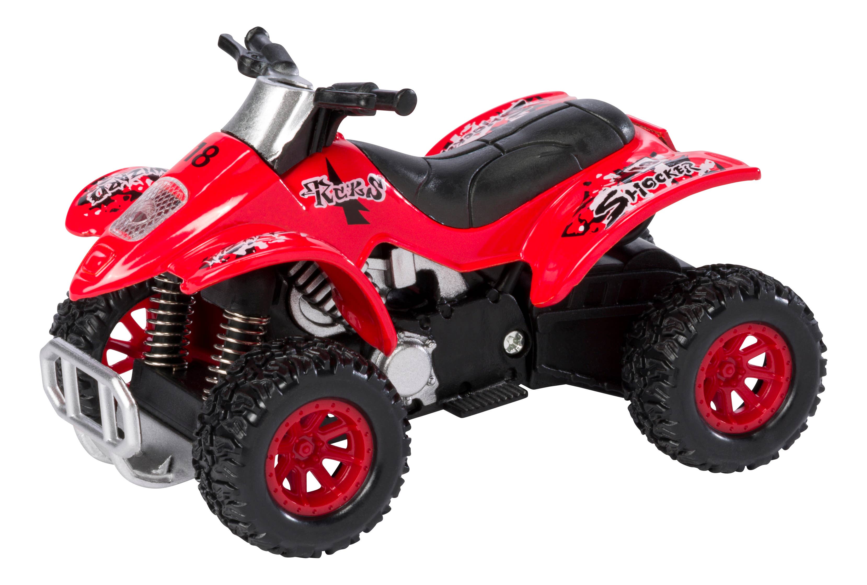 A Smart ATV Pull Back Toy designed for ages 5 and up, featuring a red color with a black seat, labeled with "Fierce" and "Shocker" on the sides. It has four large black wheels and silver handlebars, crafted from durable diecast metal to provide an authentic look and feel.