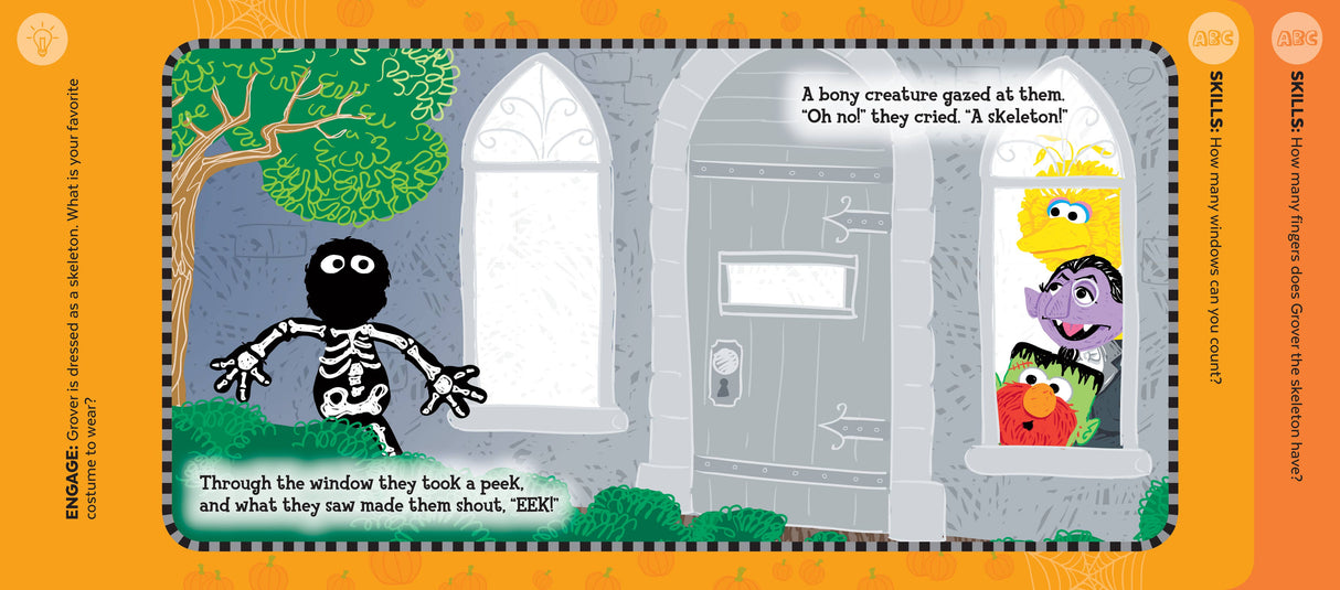 Grover, Elmo, and Abby are surprised by a spooky visitor in Book: Sesame Street Happy Halloween!, a playful Halloween picture book!.
