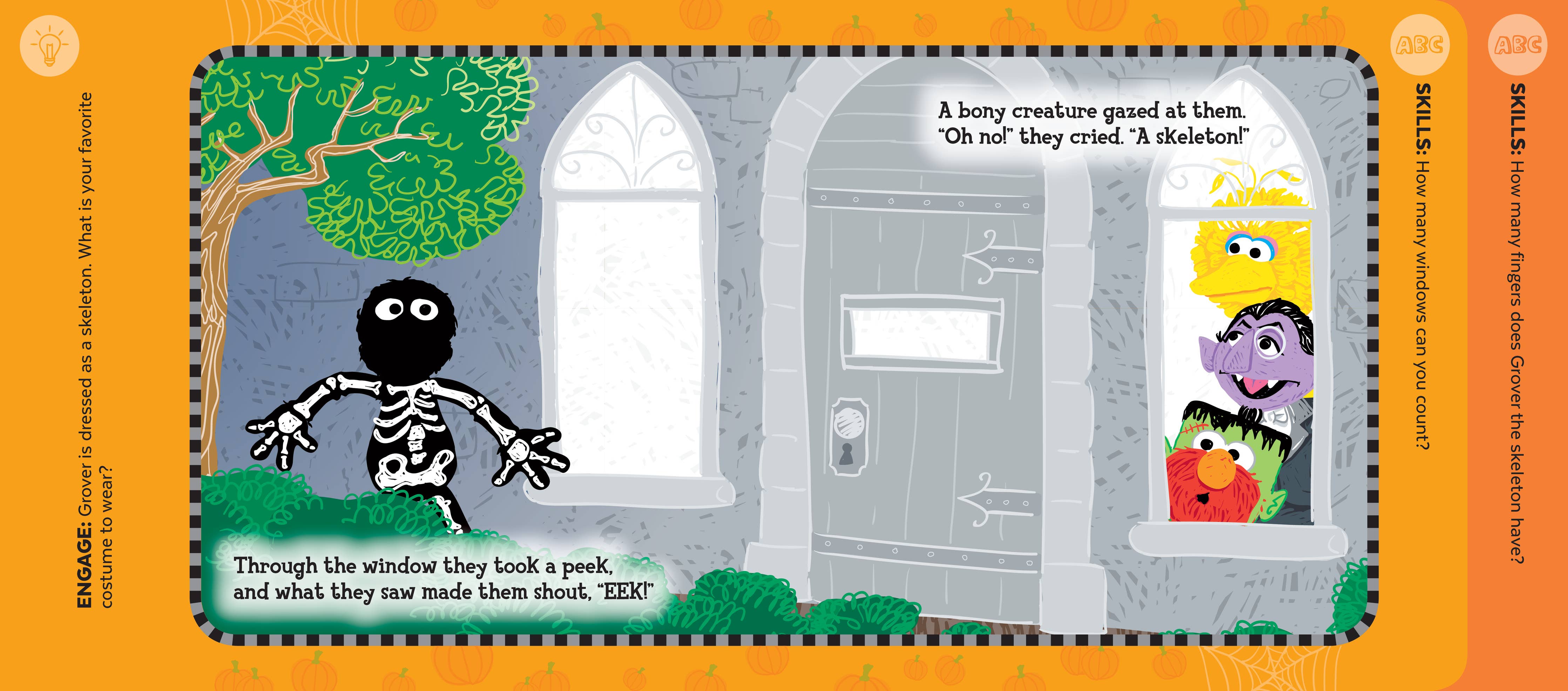 Grover, Elmo, and Abby are surprised by a spooky visitor in Book: Sesame Street Happy Halloween!, a playful Halloween picture book!.