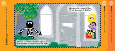 Grover, Elmo, and Abby are surprised by a spooky visitor in Book: Sesame Street Happy Halloween!, a playful Halloween picture book!.