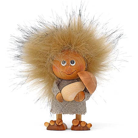The Figurine: Scandinavian Troll with Mushroom features a round face, fuzzy hair, big eyes, a cloth dress, and holds a wooden mushroom—an enchanting collectible decor piece.